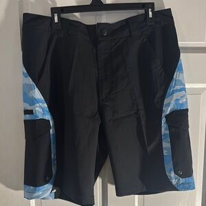 Black and Blue Geometric Swim Trunks with Sporty Design